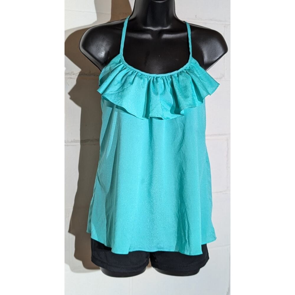 Charlotte Russe Teal Ruffle Halter Tank Top Sleeveless Blouse Cami Small